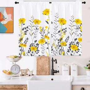 Yellow Floral Kitchen Curtains Mini 27.5'' W x 39'' L Boho Flowers Spring Gray Grey Leaves White Pattern Design Short Small Cafe Room Window Drapes Treatment Tiers Fabric 1 Pair