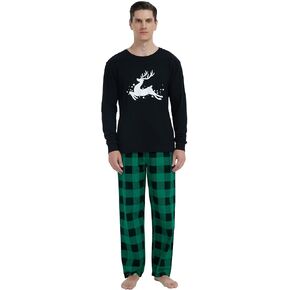 GLOBAL Men's Pajama Set 100% Cotton Flannel Plaid Pants Crew Neck Top Warm Pjs Elastic High Waist Sleepwear Loungewear