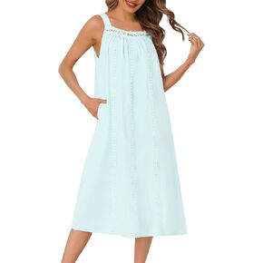 SWOMOG Women's Cotton Nightgowns Sleeveless Night Gown Embroidery House Dress Soft Long Nightdress with Pockets