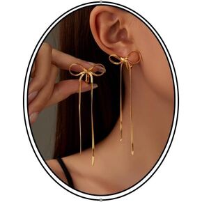 Clip on Earrings for Women 18K Gold Plated Long Tassel Bow Dangle Earrings Lightweight Ribbon Bowknot Ear Clips for Non Pierced Ears Minimalist Jewelry