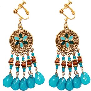 Bohemian Vintage Clip On Earrings for Women, Non Pierced Dangle Drop Jewelry, Dainty Colorful Round Circle Retro Boho Tassel Crystal, Christmas Valentines Earrings