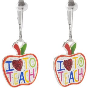 Aloha Earrings Non Pierced Silver Tone Clip On I Love to Teach Apple Dangling Earrings