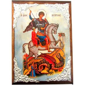 Wooden Greek Christian Orthodox Wood Icon of Saint George Riding His Horse and Slaying the Beast / AM30