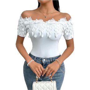 SOLY HUX Women's Floral Lace Off The Shoulder Bodysuit Short Sleeve Fitted Leotard Romper Tops