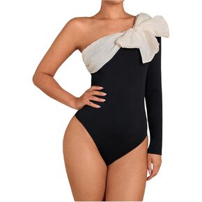 SweatyRocks Women's One Shoulder Bodysuit Long Sleeve Bow Knot Colorblock Asymmetrical Leotard Tops