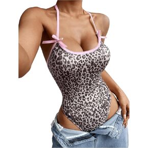 WDIRARA Women's Leopard Print Bow Front Halter Neck Y2k Bodysuit Sexy Contrast Binding Sleeveless Camisole Leotard