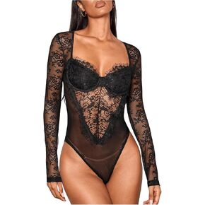 Milumia Women's Mesh Sheer Floral Long Sleeve Sweetheart Neck Bodysuit Sexy Going Out Tops