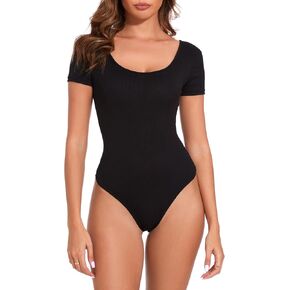 LIZENS Body Suits for Womens Tummy Control Short Sleeve Scoop Neck Ribbed Casual Stretchy Basic T Shirt Bodysuit Tops