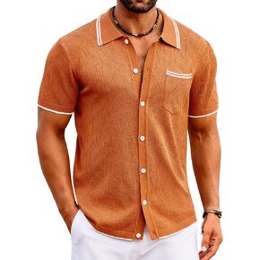 COOFANDY Men's Knit Button Down Shirt Vintage Polo Shirts Short Sleeve Summer Beach Shirts
