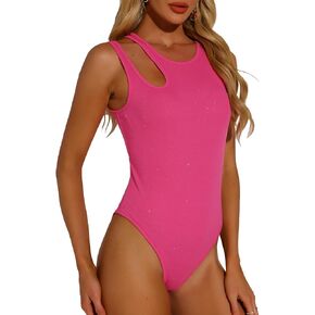 Allegra K Bodysuit Tank Tops for Women's Sexy Slim Fit Gilding Shiny Ribbed Body Suits