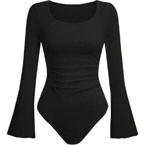 Milumia Women's Scoop Neck Bell Long Sleeve Fitted Bodysuits T Shirts