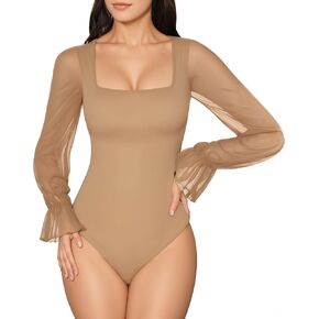 MANGOPOP Square Neck Long Sleeve Short Sleeve Bodysuit for Women Mesh Ruffle Sleeves Going Out Tops