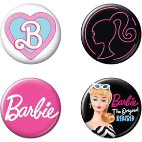 مجموعة زر Ata-Boy Barbie المكونة من 4 قطع-تتميز بشعار Heart ‘B '، Neon Barbie Silhouette ، Logo Classic Barbie ، وشعار Barbie الأصلي 1959