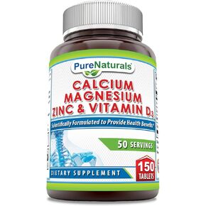 نقي ناتورالز الكالسيوم المغنيسيوم الزنك فيتامين D3 ملحق | الكالسيوم 1000mg ، المغنيسيوم 400mg ، الزنك 25mg ، فيتامين D3 600 IU | غير GMO | خالية من الغلوتين (150 قرصًا)