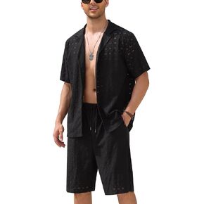 Men Short Sets Outfits 2 Piece See Through Sheer Short Sleeve Flower Lace Shirts and Shorts Beach Clothes for Men