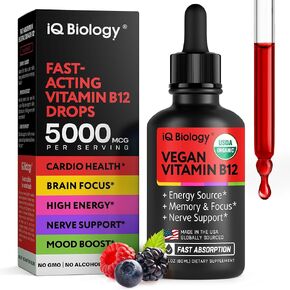 فيتامين Vitamin B12 - VIT B 12 قطرات سائلة 5000MCG - وزارة الزراعة الأمريكية العضوية الميثيل B -12 للرجال والنساء - مكمل الطاقة ميثيل كوبالامين من أجل المناعة والتمثيل الغذائي والدعم الصحي - مصنوع في الولايات المتحدة الأمريكية