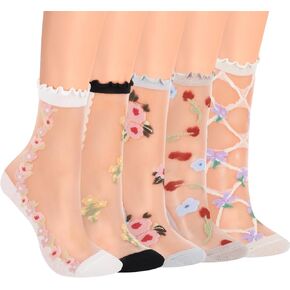5PCS Women's Sheer Flower Patterned Thin Casual Sheer Socks Crew Socks Transparent Cute Summer Elastic Crystal Glass Sock for Women and Girls