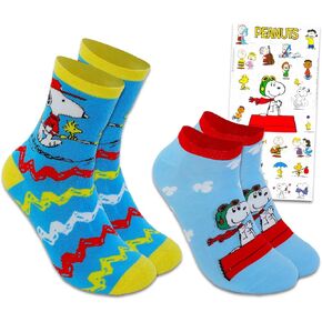 Peanuts Socks for Women - 2 Pc Bundle with Crew Length Peanuts Socks and No Show Charlie Brown for Women Plus Stickers | Peanuts Socks Gift Set for Teens, Girls