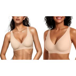 OEAK Womens Deep V Bras Wireless Beige L+Comfortable Plunge Bras Supportive Bra Nude L