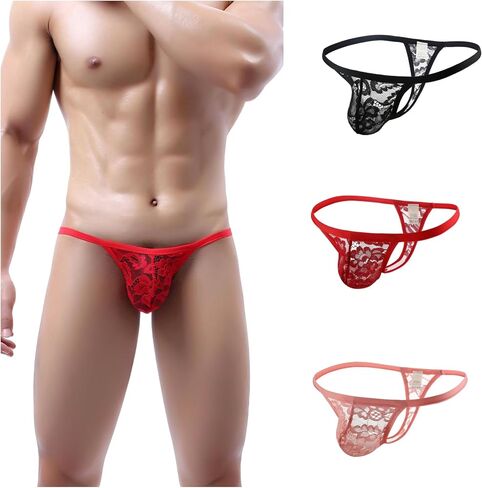 3 Pack Lace Men's Thong - Semi-Transparent Allure Elegant G-String T-Back Underwear in Saudi Arabia