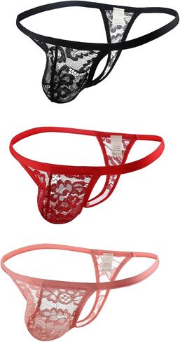 3 Pack Lace Men's Thong - Semi-Transparent Allure Elegant G-String T-Back Underwear in Saudi Arabia