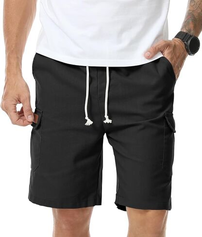 Mens Linen Shorts Casual Elastic Drawstring Lightweight Shorts Outdoor Running Beach Vacation Multi-Pockets Short in Saudi Arabia