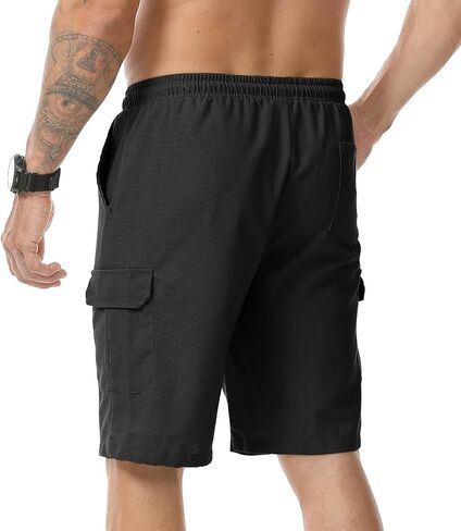 Mens Linen Shorts Casual Elastic Drawstring Lightweight Shorts Outdoor Running Beach Vacation Multi-Pockets Short in Saudi Arabia