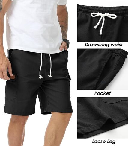 Mens Linen Shorts Casual Elastic Drawstring Lightweight Shorts Outdoor Running Beach Vacation Multi-Pockets Short in Saudi Arabia