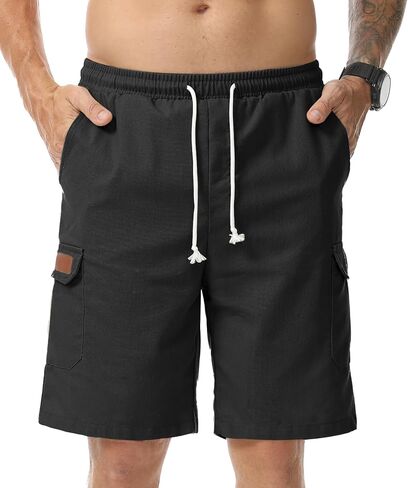 Mens Linen Shorts Casual Elastic Drawstring Lightweight Shorts Outdoor Running Beach Vacation Multi-Pockets Short in Saudi Arabia