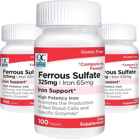 Quality Choice Iron 65 mg (325 mg Ferrous Sulfate) High Potency Iron Support Supplement Tablets in 100 Count Bottles in Kuwait