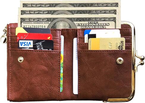 Womens Wallet Small Bifold Rfid Ladies Mini Vintage Coin Purse With Zipper and Kiss Lock (Brown) in Saudi Arabia