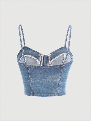 Milumia Women's Denim Bustier Crop Top Zip Front Spaghetti Strap Jean Cami Tank Tops in Saudi Arabia
