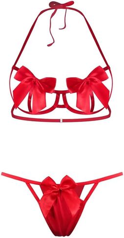 Women Lingerie 2 pieces Cute Bow Bra and Panty Set Self Tie Halter Neck Sexy Babydoll Strappy Underwear Sleepwear in Kuwait