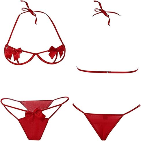 Women Lingerie 2 pieces Cute Bow Bra and Panty Set Self Tie Halter Neck Sexy Babydoll Strappy Underwear Sleepwear in Kuwait
