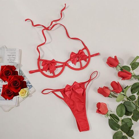 Women Lingerie 2 pieces Cute Bow Bra and Panty Set Self Tie Halter Neck Sexy Babydoll Strappy Underwear Sleepwear in Kuwait