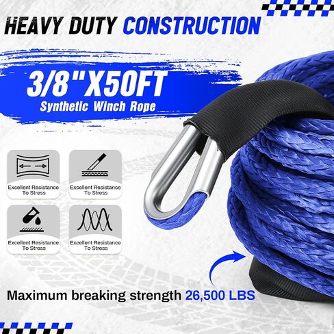Blue Synthetic Winch Rope 3/8'' x 50ft 26, 500 Lbs Synthetic Winch Line Cable Rope with Protective Sleeve for Off Road Vehicle 4WD SUV Truck ATV UTV SUV in Kuwait