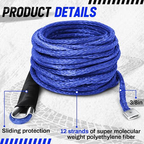 Blue Synthetic Winch Rope 3/8'' x 50ft 26, 500 Lbs Synthetic Winch Line Cable Rope with Protective Sleeve for Off Road Vehicle 4WD SUV Truck ATV UTV SUV in Kuwait
