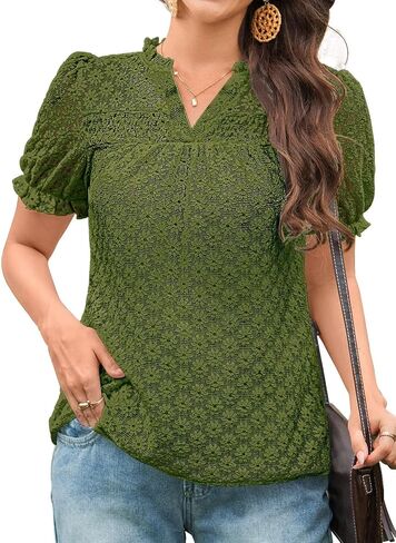 Tops For Women 2025 Boho Floral Short Puff Sleeve Shirts Summer Flowy V Neck Casual Lace Blouses in Saudi Arabia