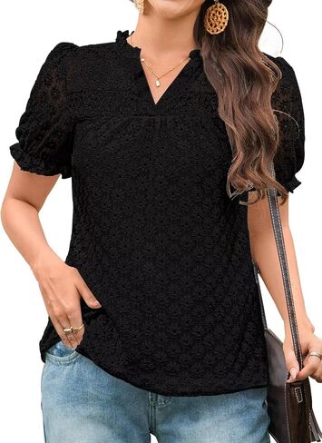 Tops For Women 2025 Boho Floral Short Puff Sleeve Shirts Summer Flowy V Neck Casual Lace Blouses in Saudi Arabia
