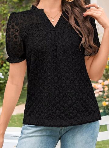 Tops For Women 2025 Boho Floral Short Puff Sleeve Shirts Summer Flowy V Neck Casual Lace Blouses in Saudi Arabia