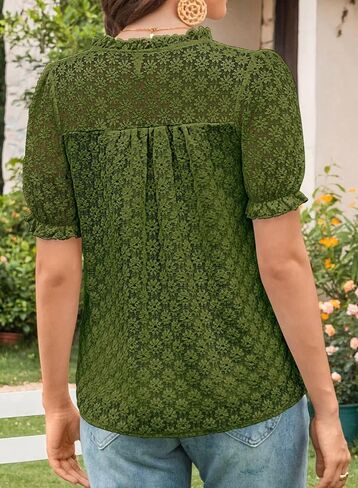 Tops For Women 2025 Boho Floral Short Puff Sleeve Shirts Summer Flowy V Neck Casual Lace Blouses in Saudi Arabia