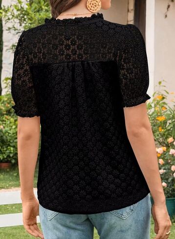 Tops For Women 2025 Boho Floral Short Puff Sleeve Shirts Summer Flowy V Neck Casual Lace Blouses in Saudi Arabia