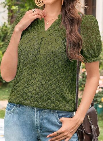 Tops For Women 2025 Boho Floral Short Puff Sleeve Shirts Summer Flowy V Neck Casual Lace Blouses in Saudi Arabia