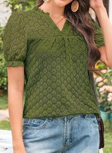 Tops For Women 2025 Boho Floral Short Puff Sleeve Shirts Summer Flowy V Neck Casual Lace Blouses in Saudi Arabia
