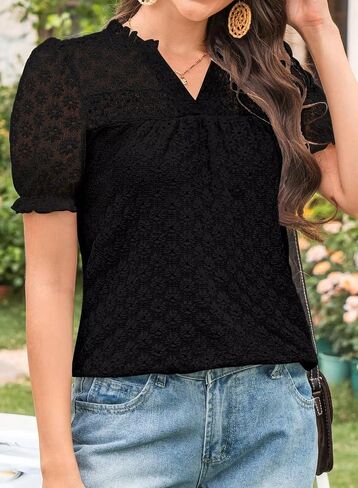 Tops For Women 2025 Boho Floral Short Puff Sleeve Shirts Summer Flowy V Neck Casual Lace Blouses in Saudi Arabia