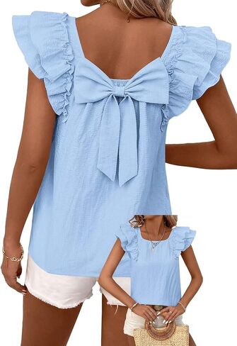 Womens Bow Tie Back Tops Round Neck Ruffle Short Sleeve Shirts Cute Babydoll Chiffon Tee Women Summer Trendy Tunic in Saudi Arabia