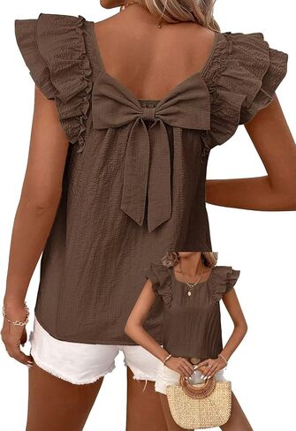 Womens Bow Tie Back Tops Round Neck Ruffle Short Sleeve Shirts Cute Babydoll Chiffon Tee Women Summer Trendy Tunic in Saudi Arabia
