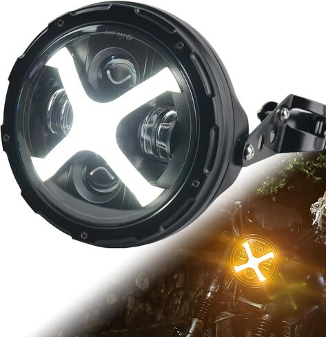 7inch Black LED Motorcycle Headlight X White/Amber DRL with Aluminum Alloy Black Housing Bucket 32-40mm Fork Tube Side Mount Brackets Compatible with Motorbikes in Saudi Arabia