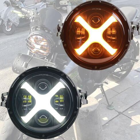 7inch Black LED Motorcycle Headlight X White/Amber DRL with Aluminum Alloy Black Housing Bucket 32-40mm Fork Tube Side Mount Brackets Compatible with Motorbikes in Saudi Arabia