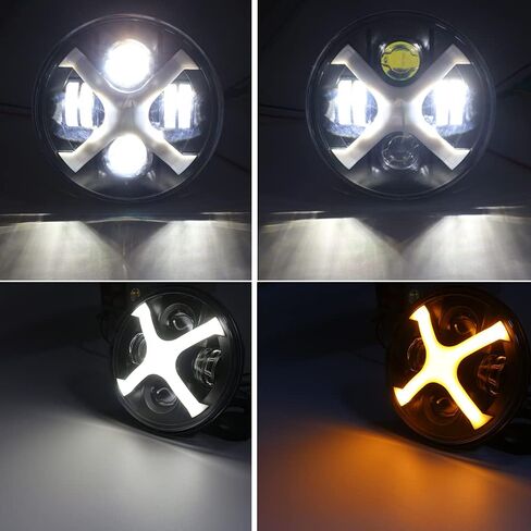 7inch Black LED Motorcycle Headlight X White/Amber DRL with Aluminum Alloy Black Housing Bucket 32-40mm Fork Tube Side Mount Brackets Compatible with Motorbikes in Saudi Arabia
